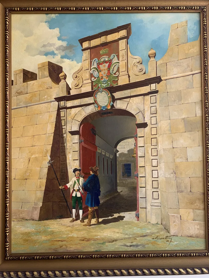 Pintura do portão do Forte do Meio com sentinelas do período colonial